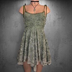 Current Mood Lace Sequin Handkerchief Hem Mini Dress S Green Babydoll Fairycore